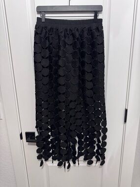 Black Textured Circle Fringe Midi Skirt